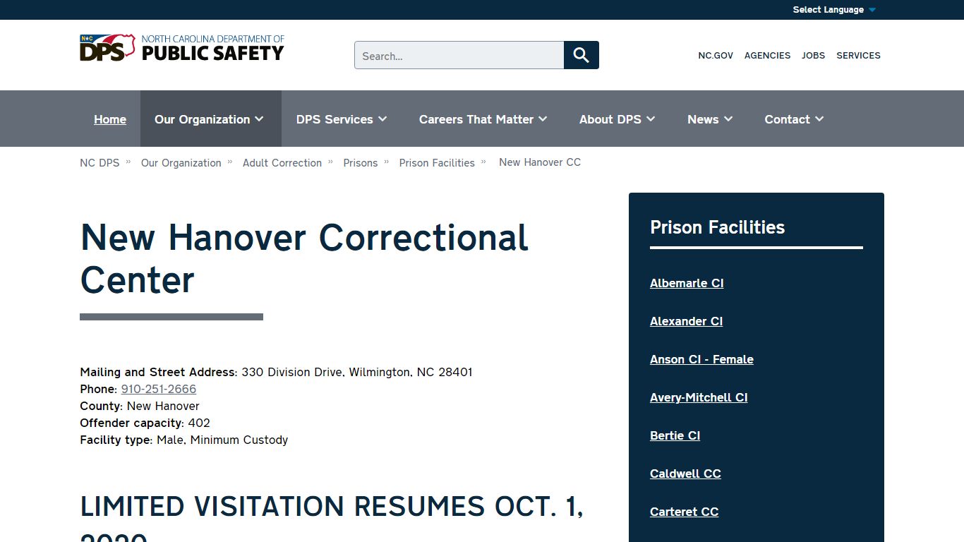 New Hanover Correctional Center - NC DPS